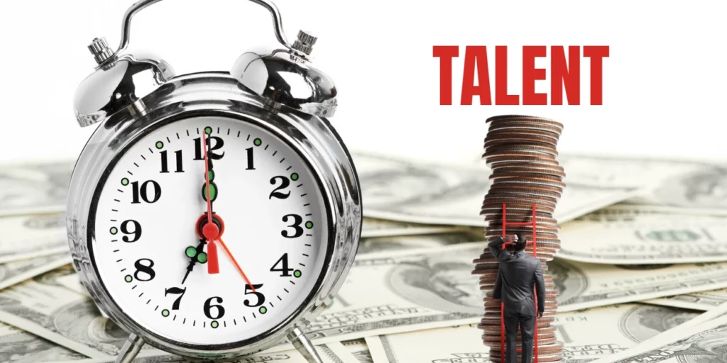 Clock on top of money with business person climbing ladder of coins to reach the word talent.