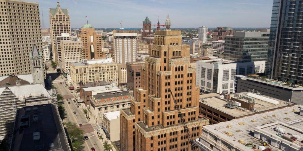 Overhead view of Milwaukee skyline