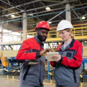 Two workers conversing over a tablet