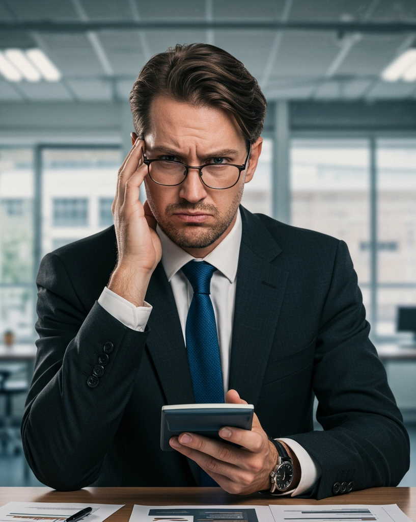 Image showing a frustrated employer holding a calculator