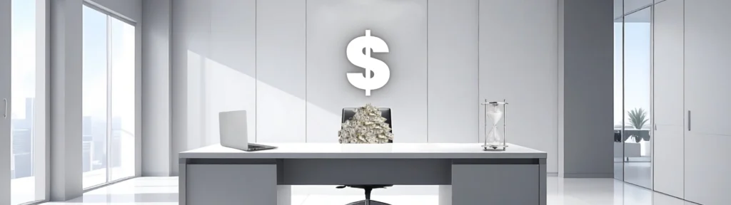 Empty office desk with a glowing dollar sign to signify the cost of vacant job positions
