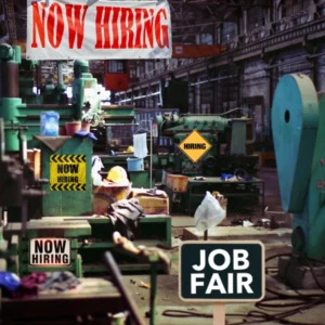 Empty manufacturing floor with abundant hiring signs