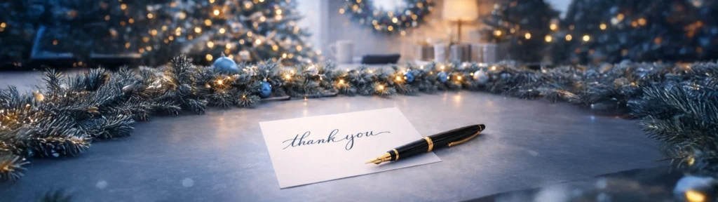 Holiday scene showing a greeting card with thank you written in pen