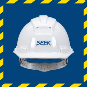 Hard hat with SEEK logo displayed in center