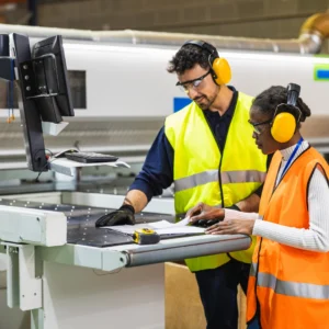Two manufacturing employees working together