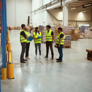 Group of manufacturing employees meeting on manufacturing floor.