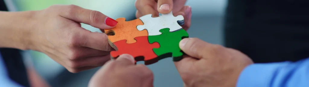Different looking puzzle pieces fitting together as one