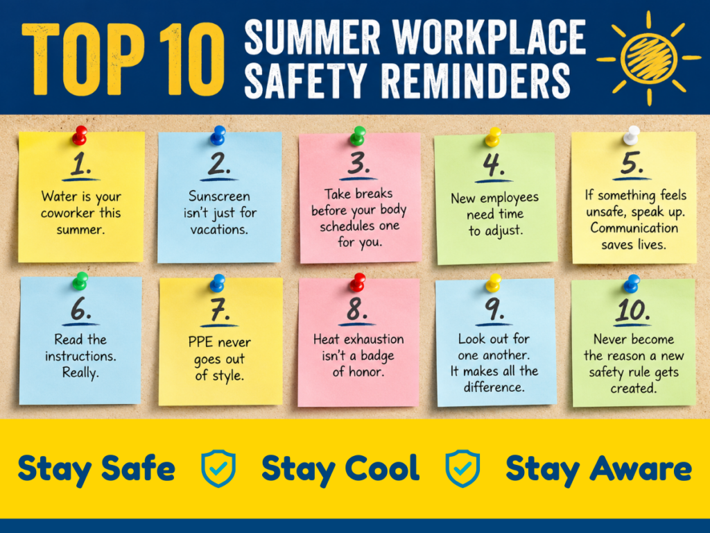Infographic of Top 10 Summer Workplace Safety Reminders on a corkboard; notes list 1–10 with tips (water, sunscreen, take breaks, adjust for new employees, speak up, read instructions, PPE, heat exhaustion, look out for one another, don’t trigger new safety rules). Bottom yellow banner reads: Stay Safe, Stay Cool, Stay Aware.